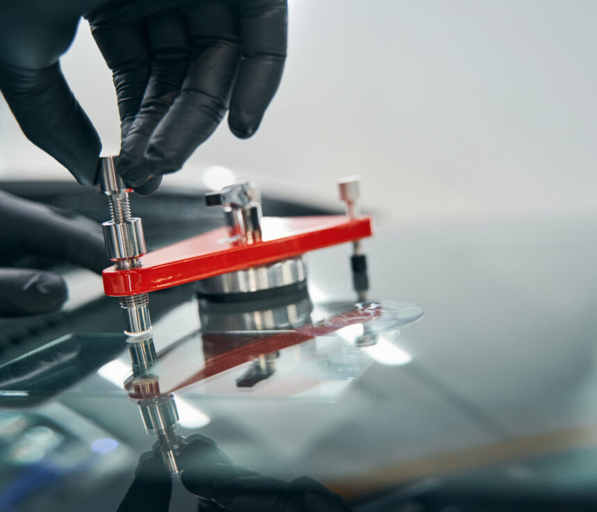 Repair work on cracked auto windshield closeup. Fix cracks in car window. Automobile salon service